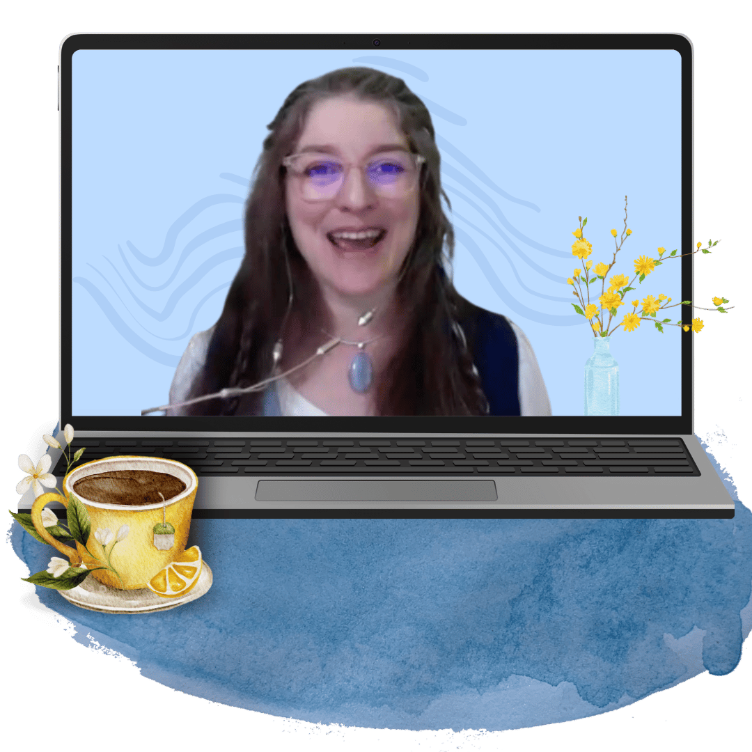 lucinda on computer + yellow tea cup - lucindacurran.com